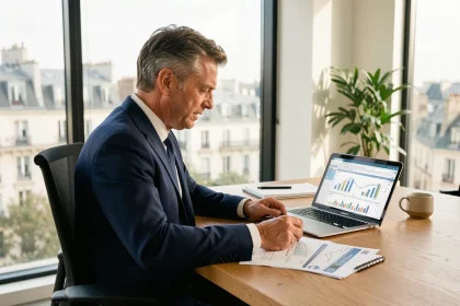 Conseiller financier analysant des documents d'investissement immobilier et des rendements sur ordinateur portable dans un bureau moderne