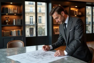 Conseiller immobilier haut de gamme examinant des plans architecturaux dans un appartement de luxe parisien