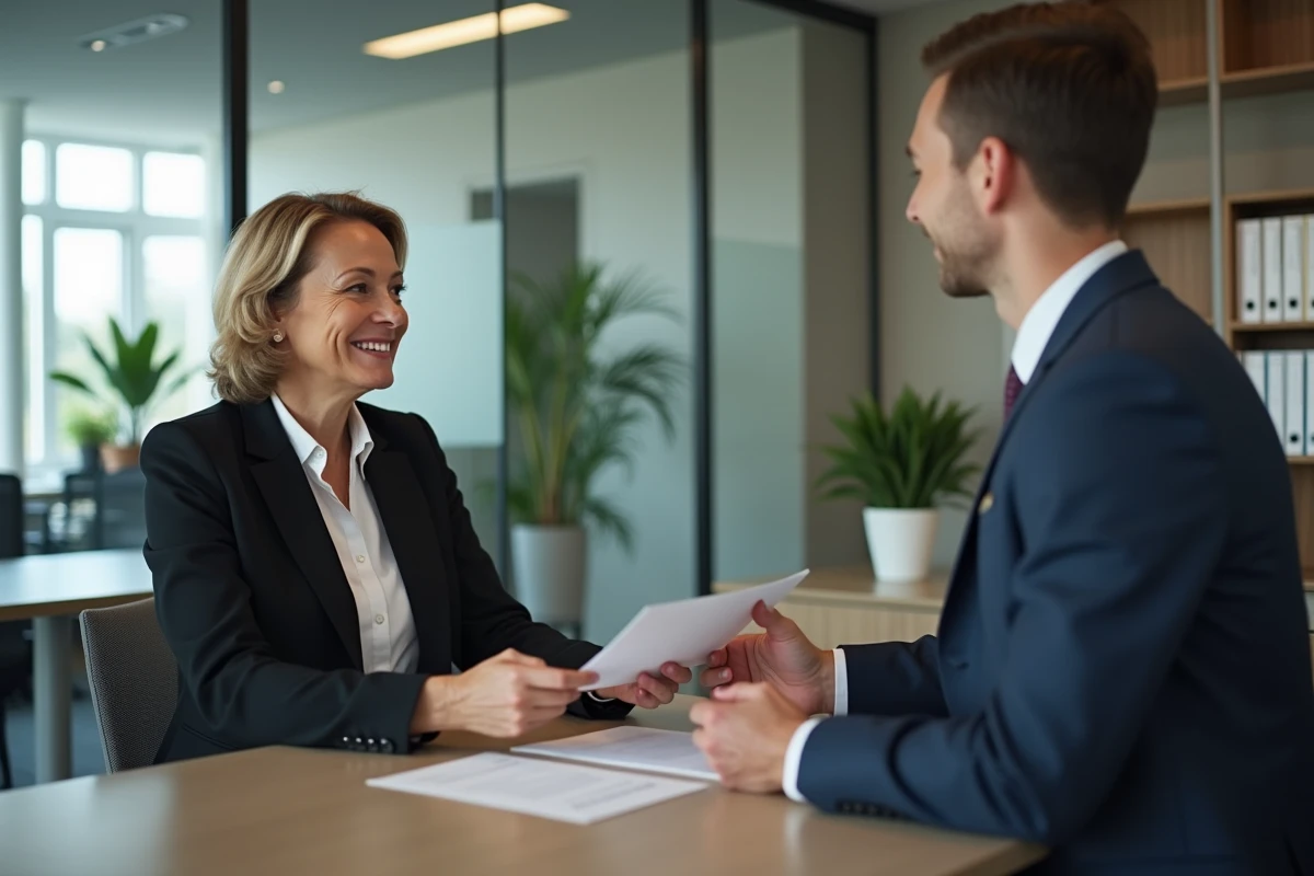 Conseillère bancaire souriante remettant un dossier à un client en bureau