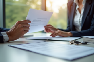 Personne tenant documents immobiliers avec agent et clés