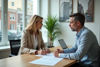 Propriétaire et locataire signant un contrat de location avec caution dans une agence immobilière moderne