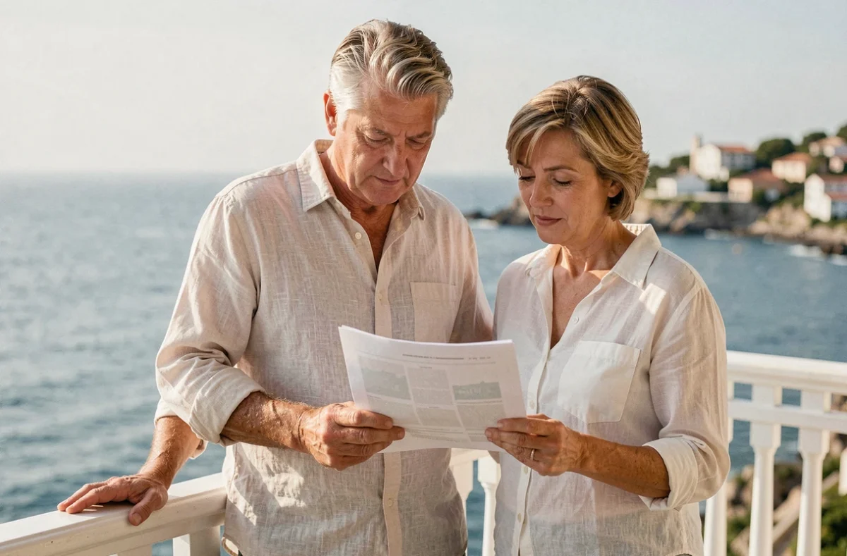 Couple en train d'étudier des documents immobiliers sur le balcon d'un appartement en bord de mer Pierre et Vacances