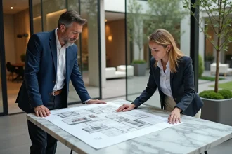 Couple consultant des documents immobiliers de prestige dans une agence haut de gamme avec vue sur un patio
