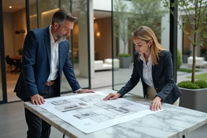 Couple consultant des documents immobiliers de prestige dans une agence haut de gamme avec vue sur un patio