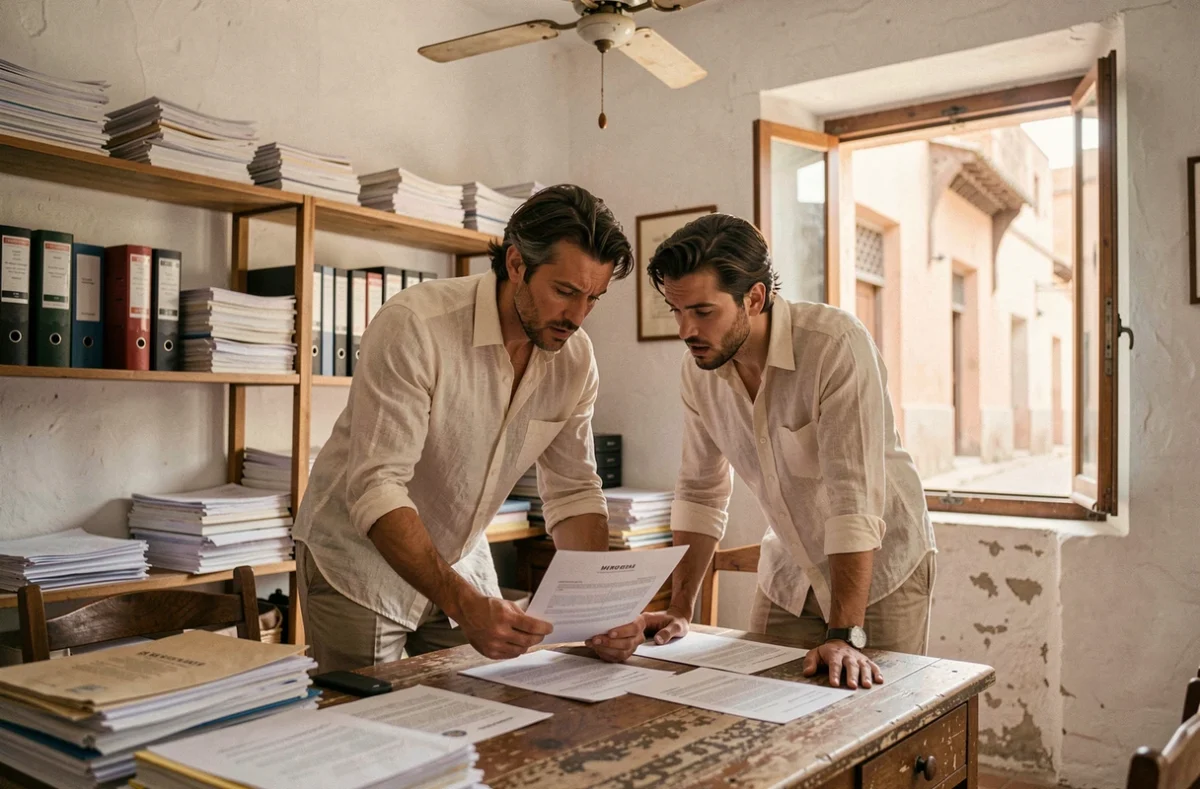 Couple d'acheteurs étrangers examinant un contrat immobilier dans un bureau de notaire à Marrakech