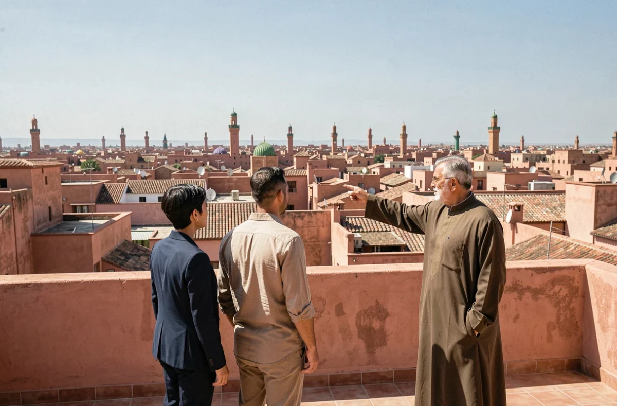 Couple d'acheteurs étrangers visitant un appartement avec un agent immobilier sur une terrasse à Marrakech