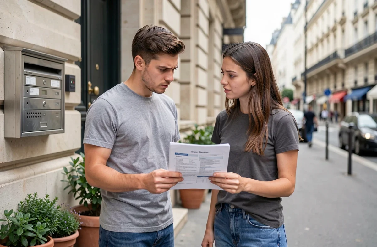 Couple discutant d'une offre d'assurance habitation moins chère devant leur immeuble avant résiliation