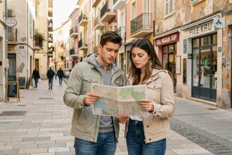 Couple de jeunes adultes consultant une carte de quartier à Fréjus pour éviter les zones déconseillées aux nouveaux arrivants