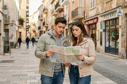 Couple de jeunes adultes consultant une carte de quartier à Fréjus pour éviter les zones déconseillées aux nouveaux arrivants