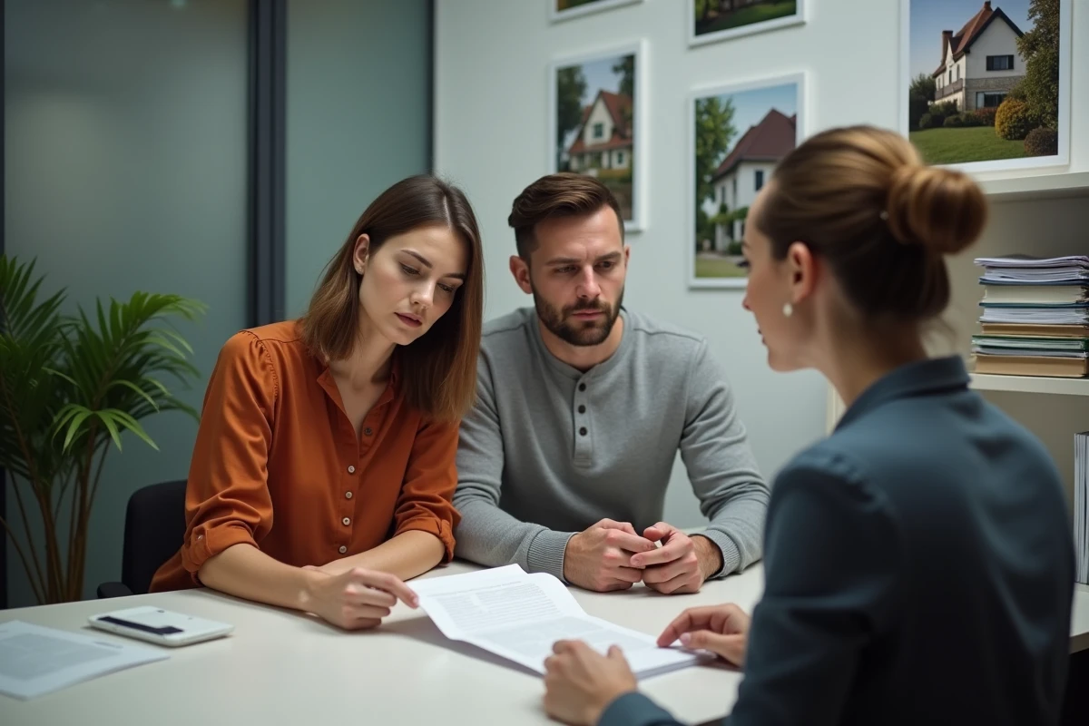 Couple en CDD discutant d'un contrat de location avec un agent immobilier dans l'Eure