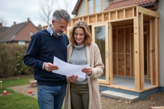 Couple regardant plans de leur extension de maison