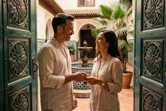 Couple tenant les clés de leur première maison à Marrakech devant une porte de riad traditionnelle en bois sculpté teal