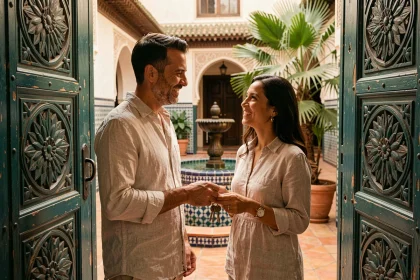 Couple tenant les clés de leur première maison à Marrakech devant une porte de riad traditionnelle en bois sculpté teal