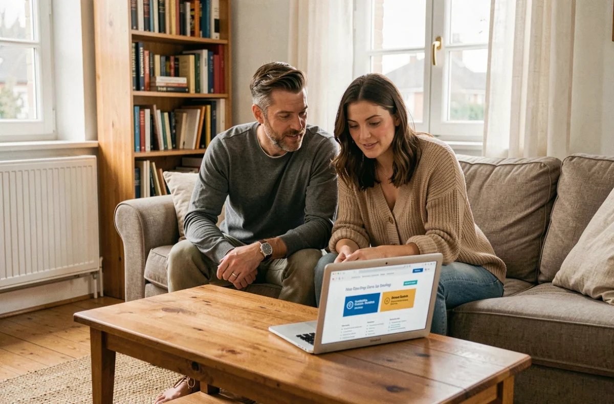 Couple comparant des offres d'assurance habitation sur un ordinateur portable dans leur salon