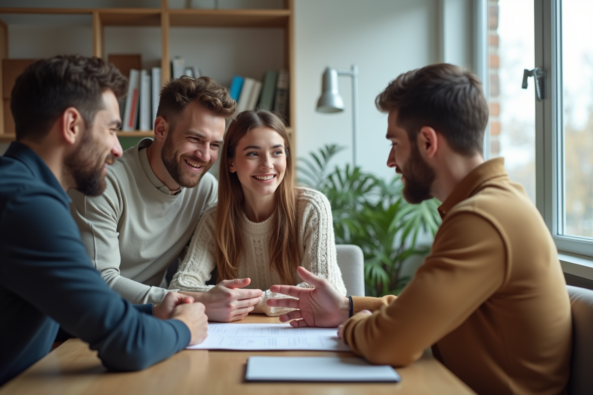 Jeune couple discutant avec un conseiller immobilier dans un appartement