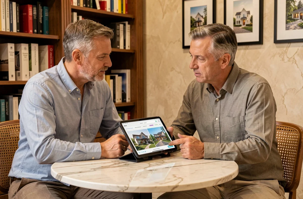 Couple consultant une estimation gratuite en ligne pour un bien immobilier de prestige dans un espace de conseil luxueux