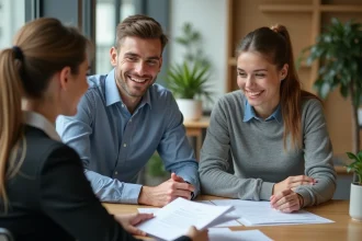 Jeune couple souriant avec une banquière lors d'une réunion