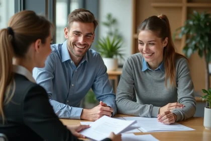 Jeune couple souriant avec une banquière lors d'une réunion