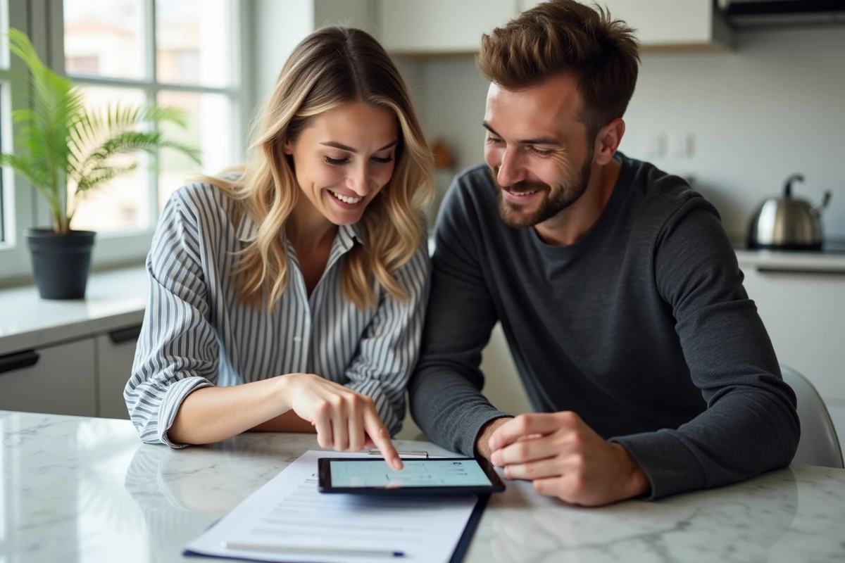 Couple examinant un contrat de location et une plateforme de paiement sécurisé sur une tablette dans une cuisine moderne