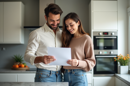 Jeune couple en cuisine moderne examine des documents