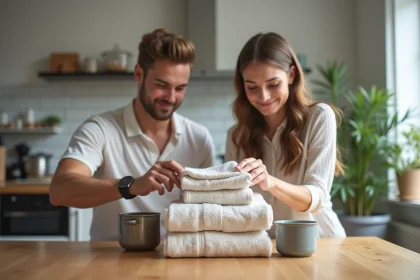 Jeune couple arrangeant des serviettes dans un salon lumineux