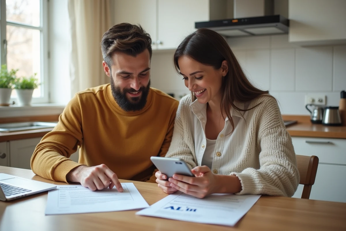 Couple consultant les documents et le site AL'in pour comprendre qui doit faire la demande de code Action Logement
