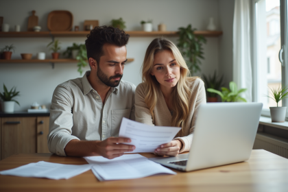 Jeune couple examine des documents dans la cuisine