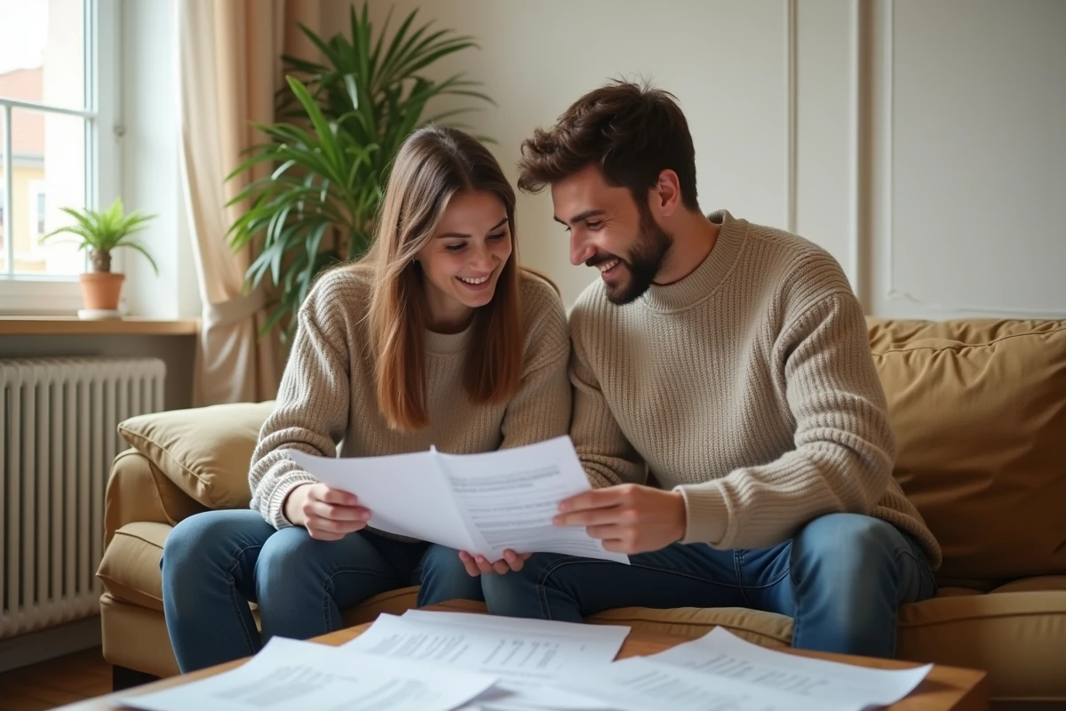 Jeune couple examinant ensemble un dossier de demande de logement social AL'in dans leur appartement