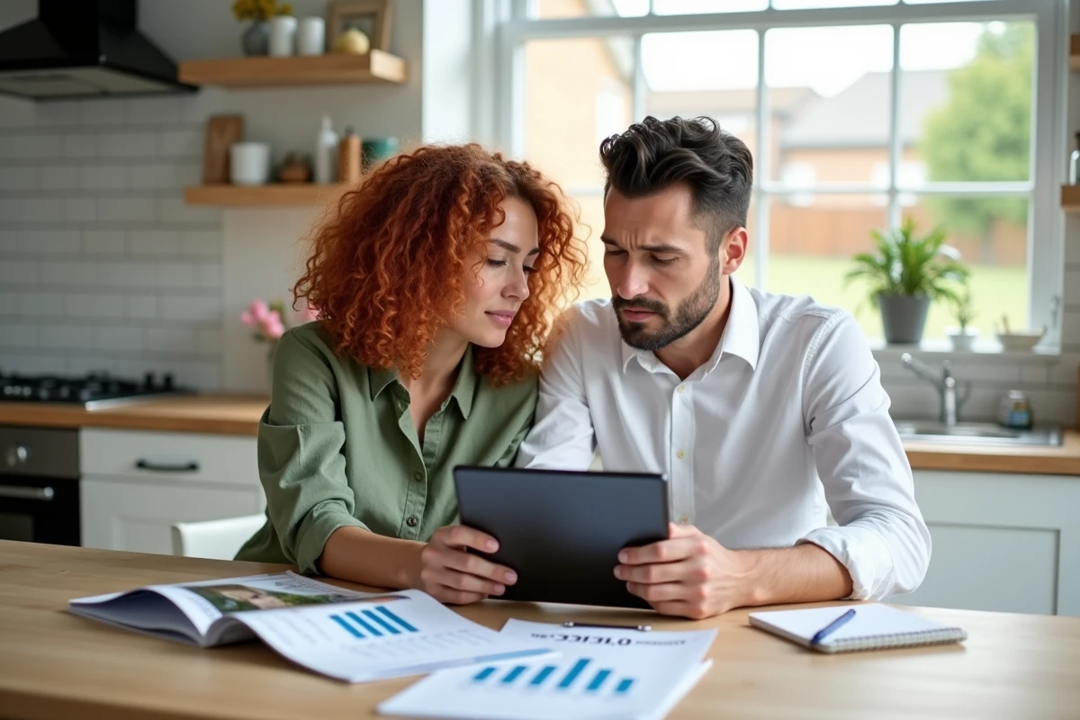 Couple examinant ensemble une estimation immobilière sur tablette et documents papier dans une cuisine moderne