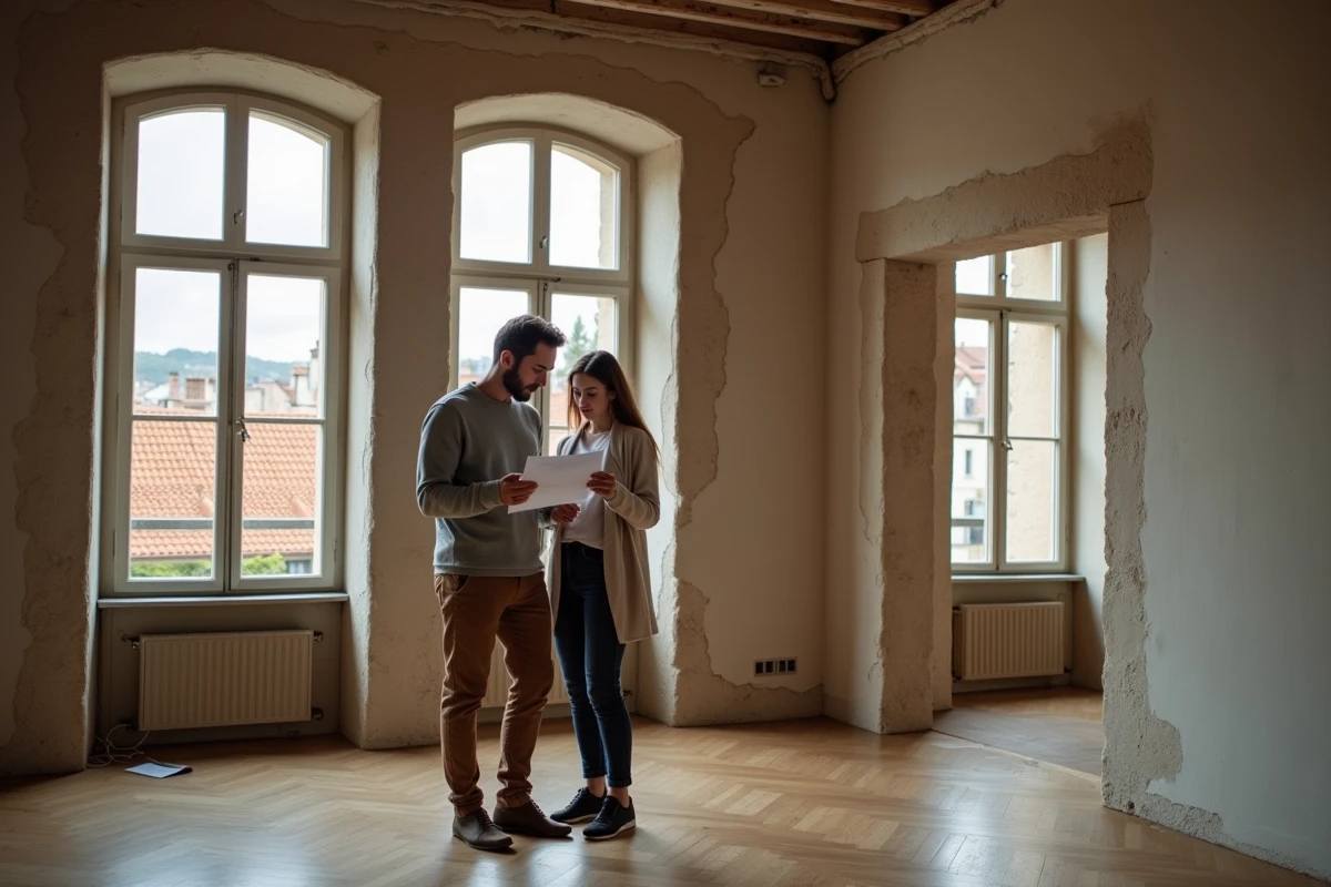 Couple de futurs locataires consultant une estimation de loyer dans un appartement lyonnais au parquet ancien et aux murs en pierre