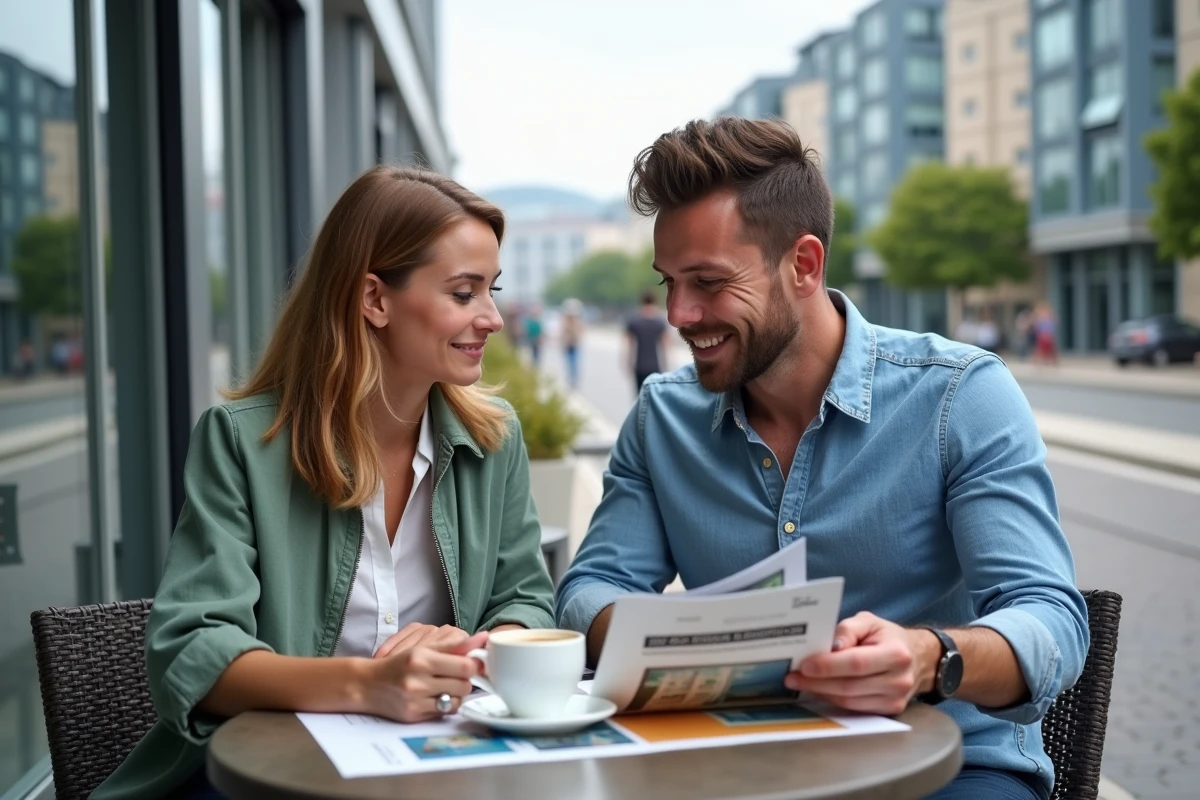 Couple étudiant le marché immobilier par quartier à Lyon Confluence autour d'un café en terrasse