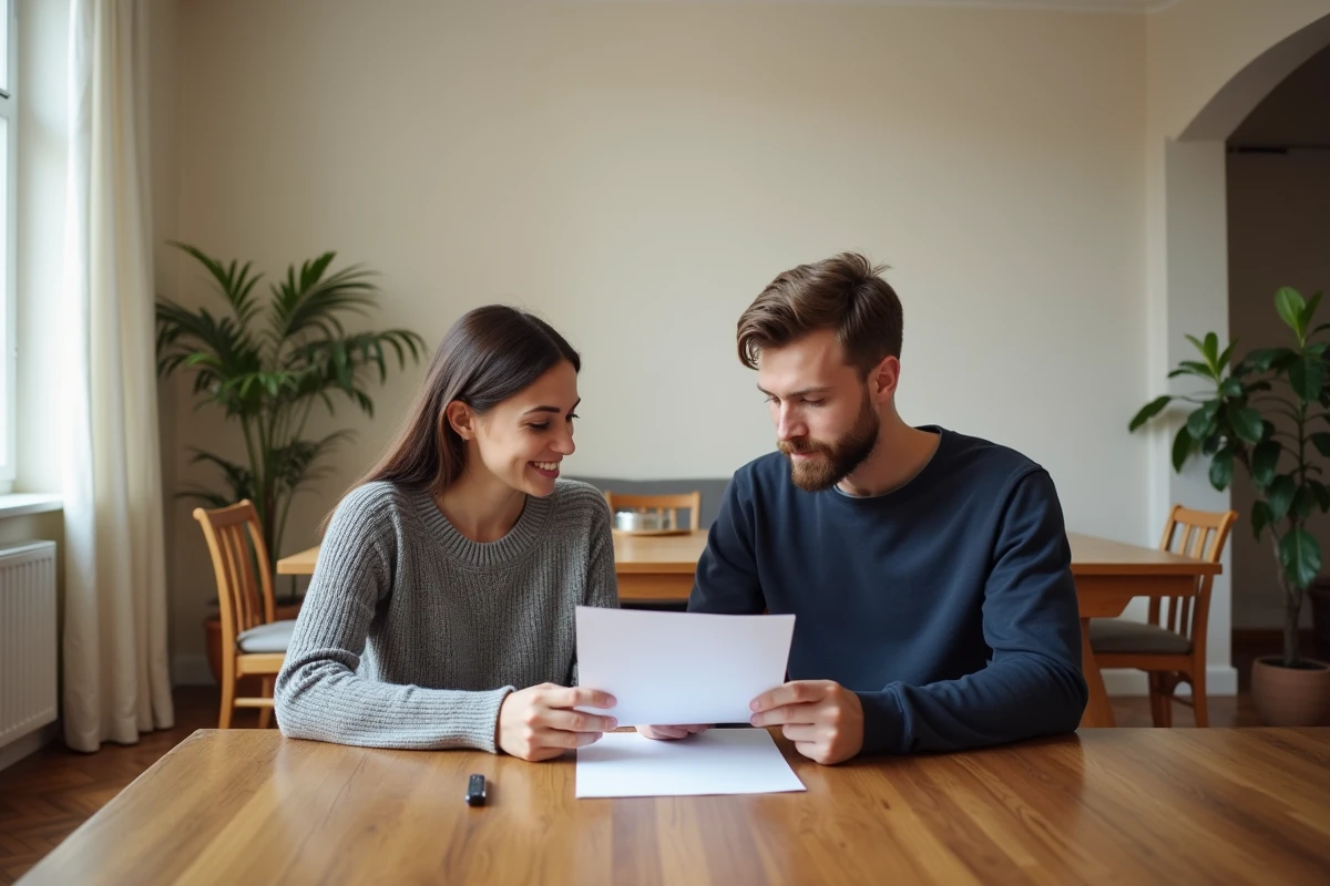 Couple de locataires lisant leur contrat de location dans un appartement lyonnais avec parquet et murs en pierre