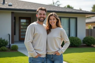 Couple souriant devant une maison neuve à louer