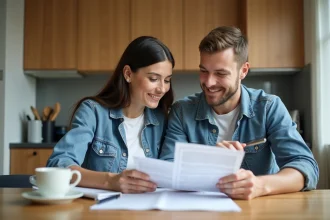 Couple en train de revoir des documents de prêt immobilier à la maison