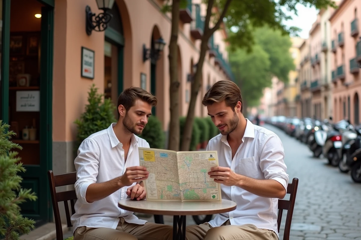 Couple de touristes consultant une carte du quartier Guéliz à Marrakech pour choisir un appartement en location saisonnière