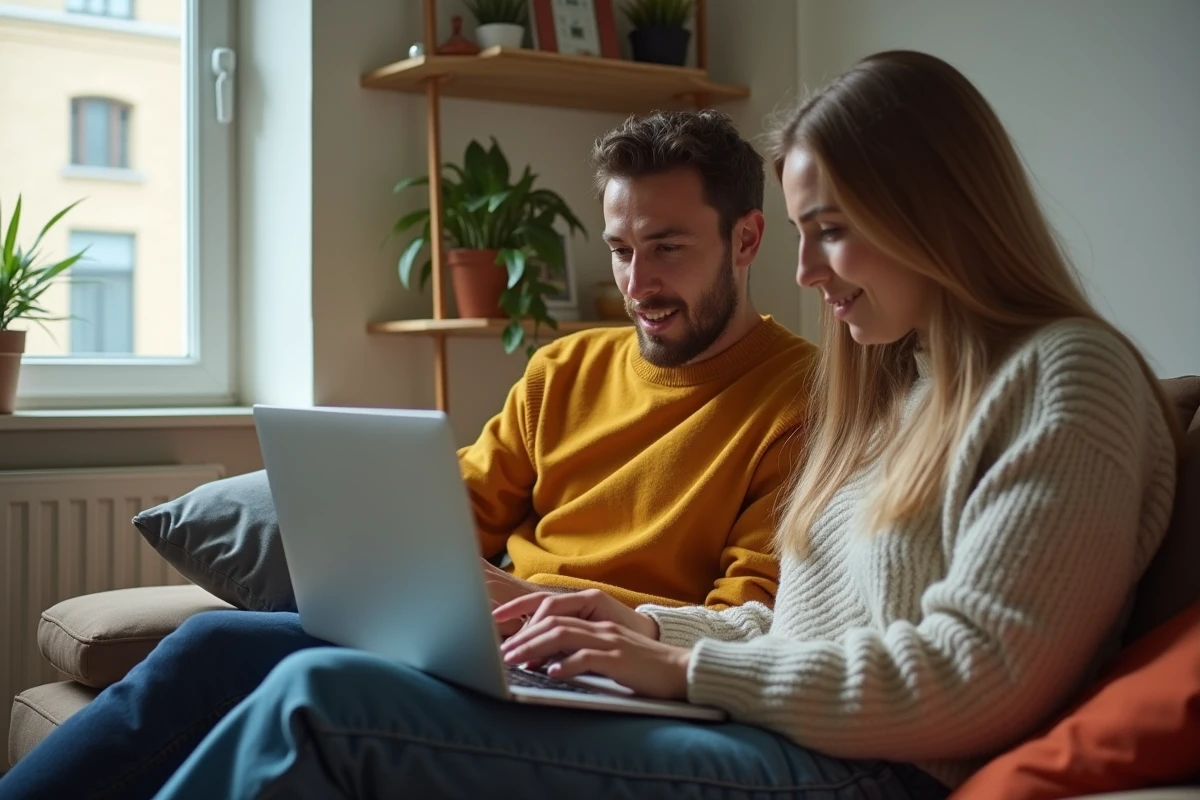 Couple lisant ensemble une annonce LOC sur un ordinateur portable pour trouver un logement social