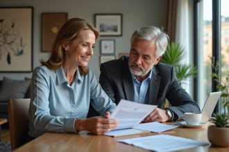 Couple d'adultes regardant un contrat d'assurance dans un intérieur moderne