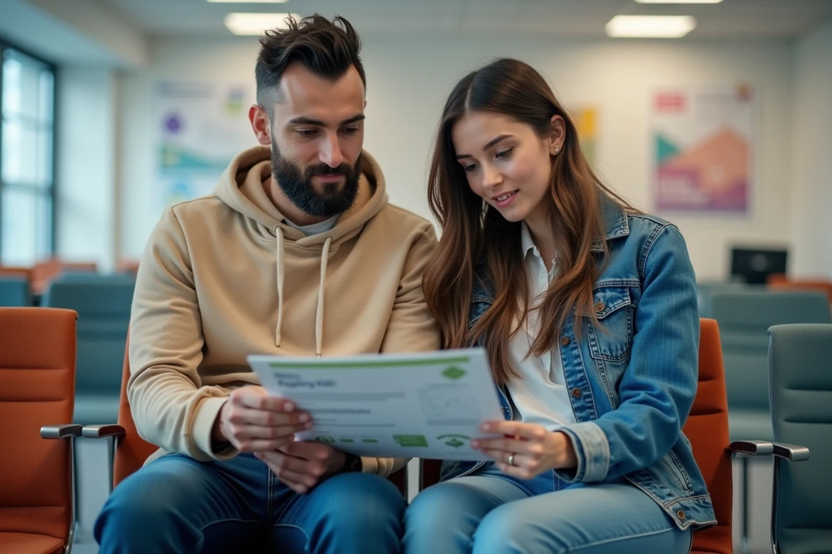 Jeune couple en salle d'attente d'une agence de logement social consultant un dossier SYPLO