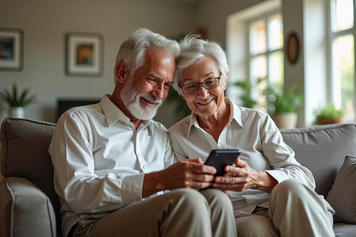 Couple de sexagénaires consultant ensemble une application de rénovation habitat sur smartphone dans un salon élégant