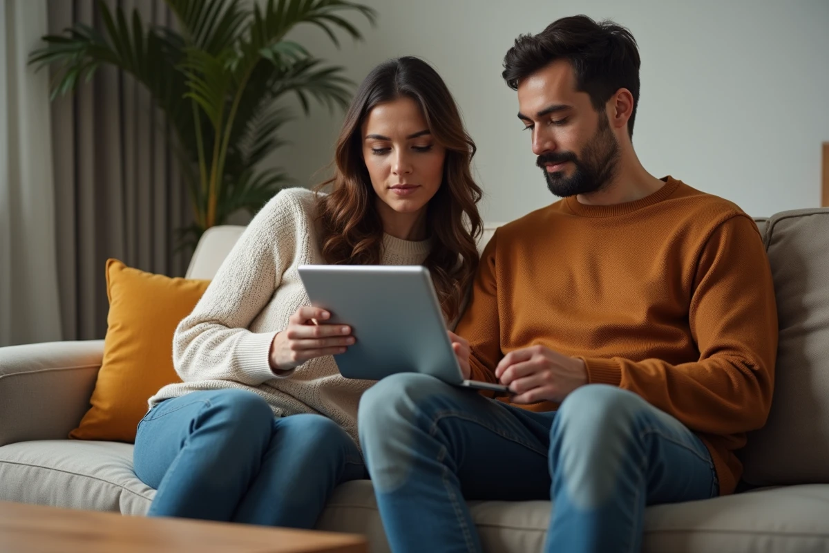 Couple consultant ensemble le suivi de leur dossier de logement social sur une tablette numérique
