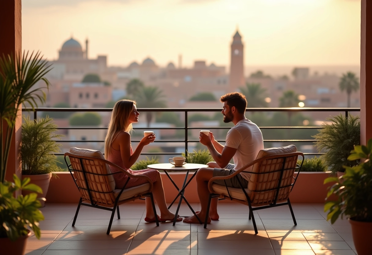 Jeune couple discutant sur une terrasse à Marrakech