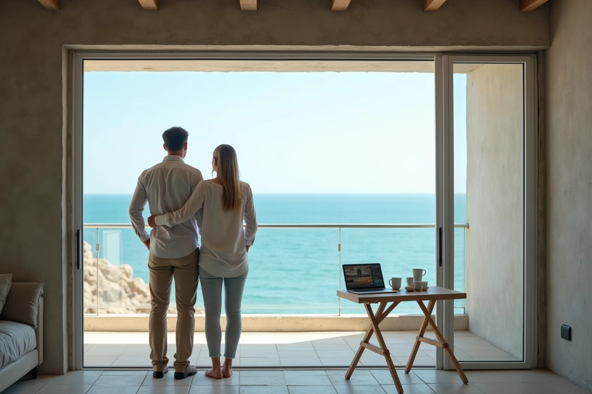 Couple visitant un appartement vue sur mer à vendre en évaluant les options de financement immobilier