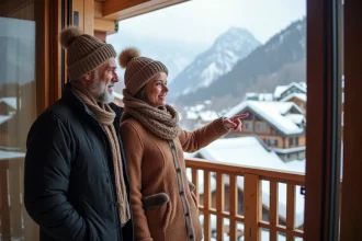 Couple souriant regardant la montagne enneigee depuis un balcon