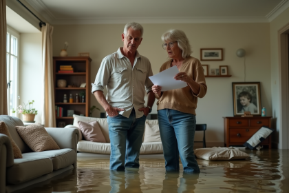 Couple anxieux dans une maison inondée avec documents d'assurance