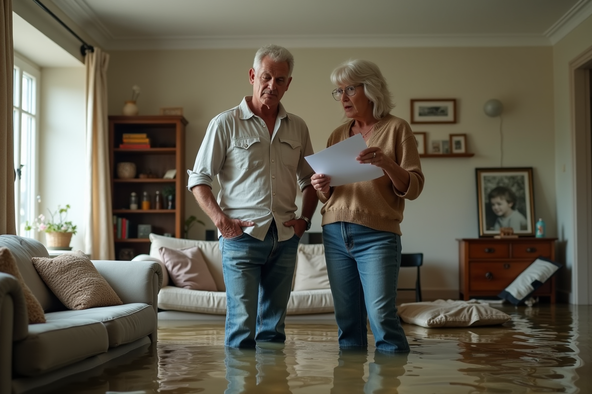Couple anxieux dans une maison inondée avec documents d'assurance