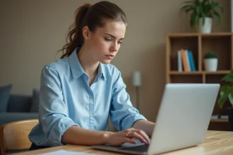 Jeune femme remplissant une demande de code Visale en ligne sur un ordinateur portable dans son appartement