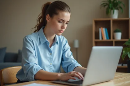 Jeune femme remplissant une demande de code Visale en ligne sur un ordinateur portable dans son appartement