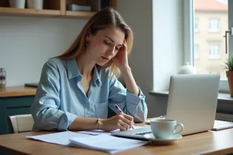 Femme remplissant une demande de logement social sur ordinateur portable à une table en bois dans un appartement modeste