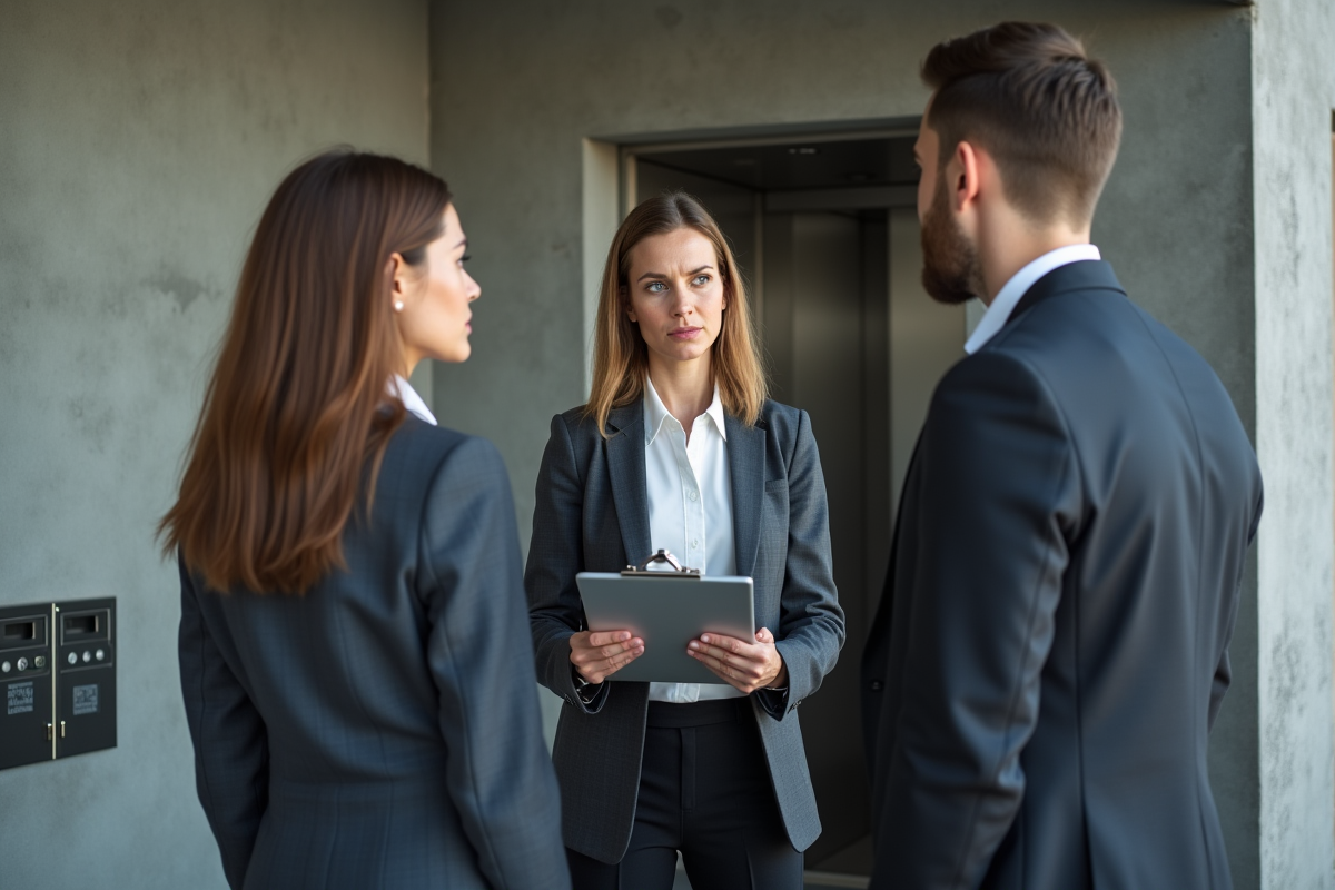Femme professionnelle parle avec un jeune couple dans un immeuble
