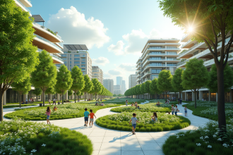 Quartier écologique vert avec panneaux solaires et jardins